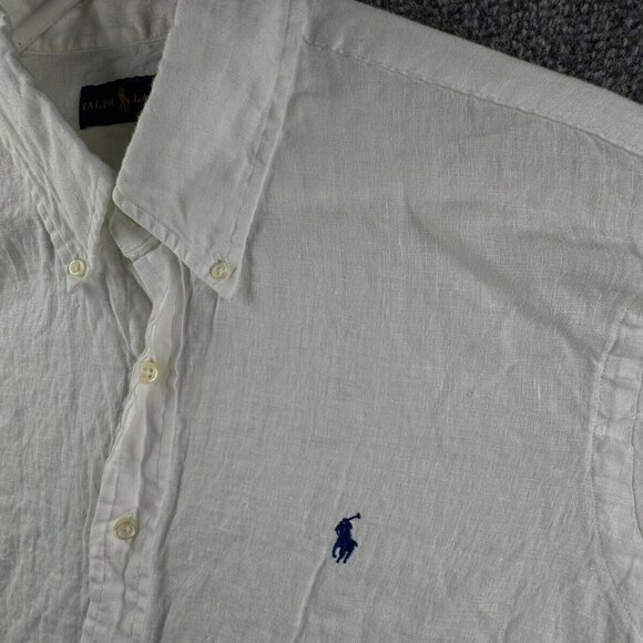 Ralph Lauren XL All Linen White Long Sleeve Button Up Shirt Men Blue Pony Logo - Picture 8 of 16